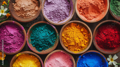 colorful powder arranged in isolated bowls