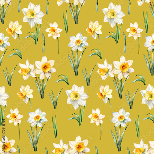 Watercolor narcissus, spring seamless pattern, watercolor illustration, background. © NightCreativity