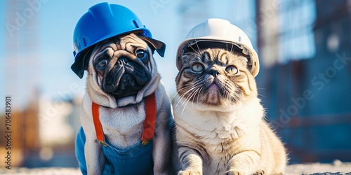 A pug dog in a blue helmet and a gray cat in a yellow mask look at the camera against the backdrop of houses under construction at a construction site. Construction concept