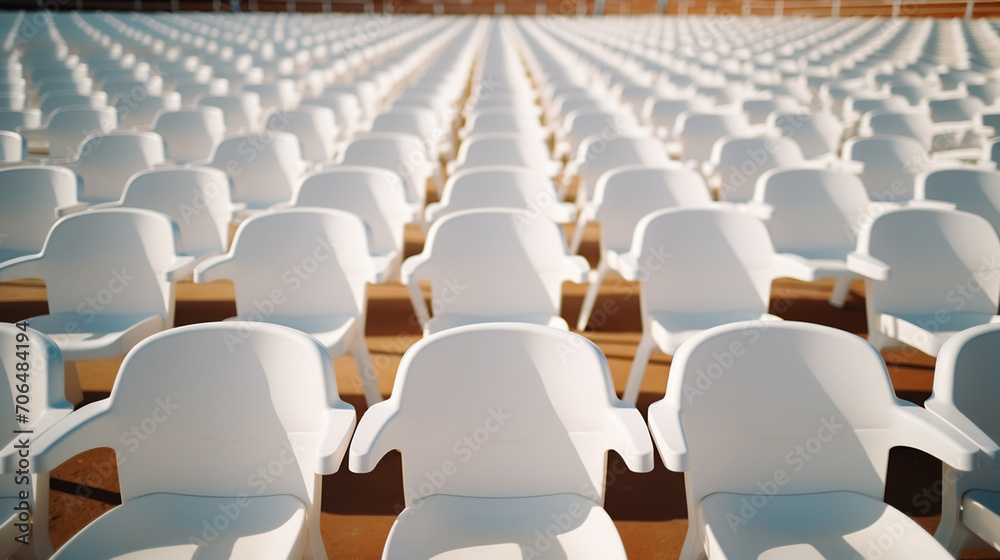 Naklejka premium Empty stadium with white chairs in tribune