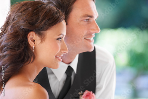 Couple, partnership and together on wedding day at outdoor ceremony, smile and happy for marriage. People, profile and commitment to relationship and loyalty, love and union or side view of newlyweds