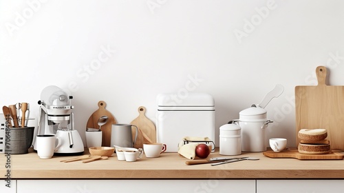 Modern Culinary Workspace with Wooden Table and White Background - Organized Kitchen Arrangement for Home Cooking