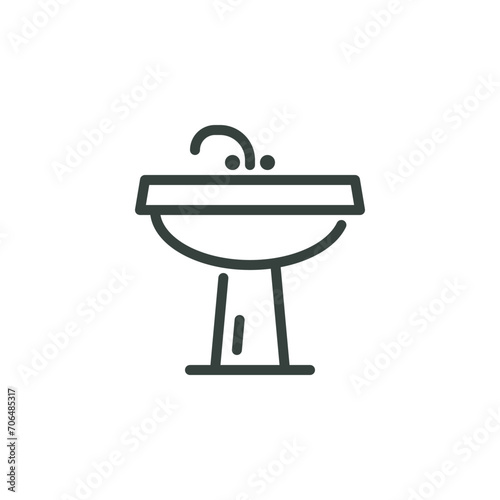 Thin Outline Icon Sink Unit With Tap Washbasin, Basin Washstand. Such Line Sign as Plumbing Sanitary Engineering. Vector Isolated Custom Pictogram for Web and App on White Background Editable Stroke.
