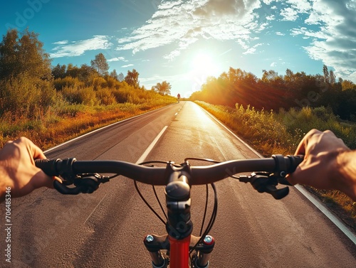 View of cyclist riding bicycle on route at sunset.