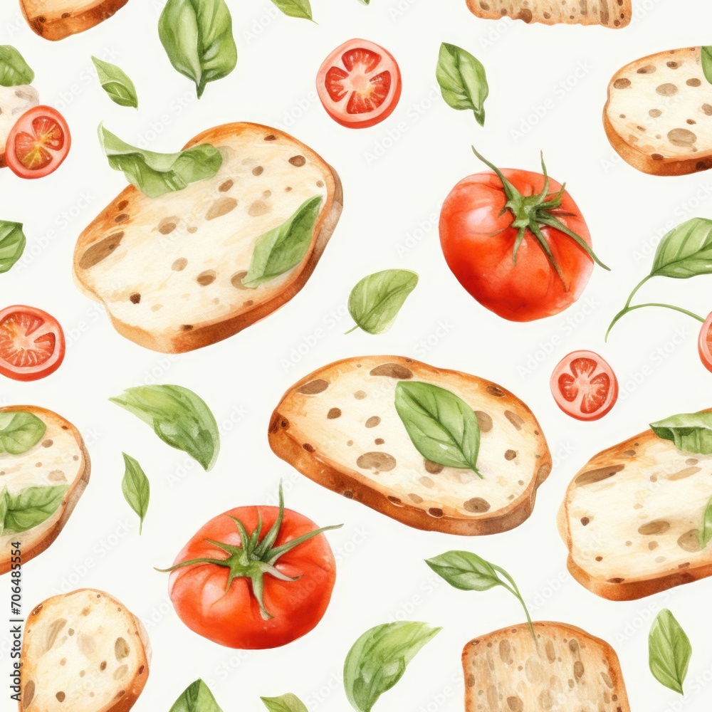 seamless pattern with tomatoes and baguette. Mediterranean cuisine. seamless pattern with tomatoes and baguette. Mediterranean cuisine.