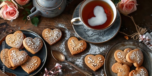 Homemade cookies elegantly arranged on the table, accompanied by a steaming cup of coffee, capturing the essence of Valentine's Day © Nattadesh