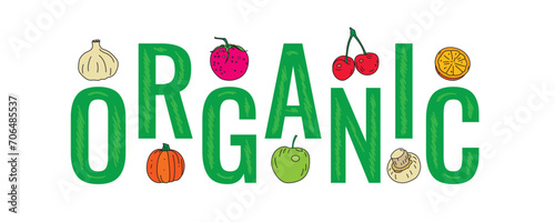 vector organic lettering. hand drawn fruits and vegetables shapes