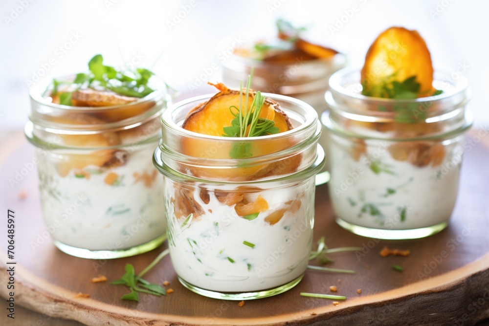 crispy potato skins with ranch dip in a glass jar crispy potato skins with ranch dip in a glass jar