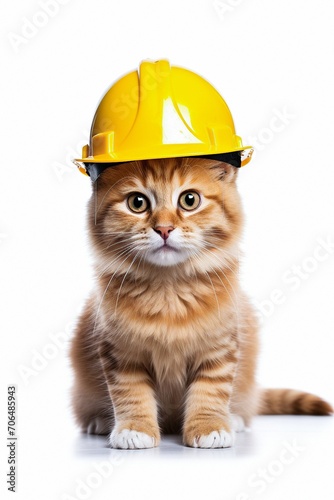 A cute ginger kitten in a yellow helmet looks at the camera on a white plain background. Construction, repair and safety concept. Vertical photo