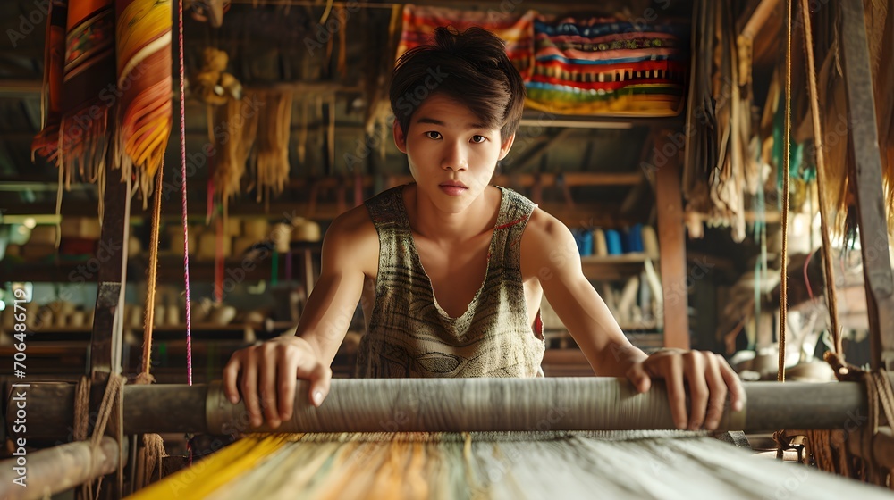 Obraz premium A young man working intently at a traditional weaving loom, surrounded by colorful textiles.