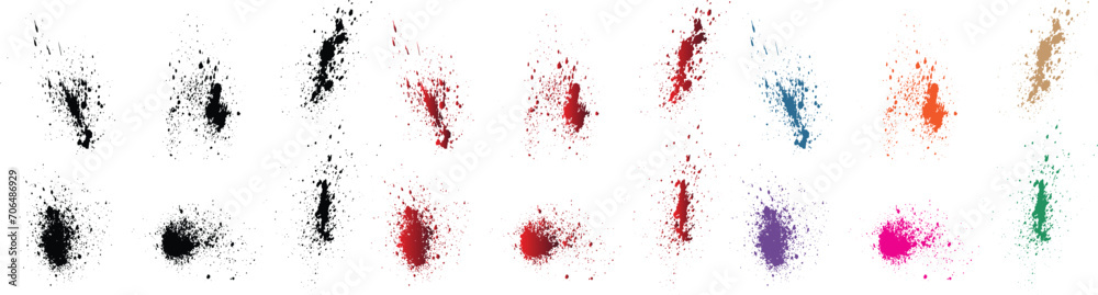 Set of vector black, red, orange, purple, wheat, green color blood splatter grunge isolated brush stroke background