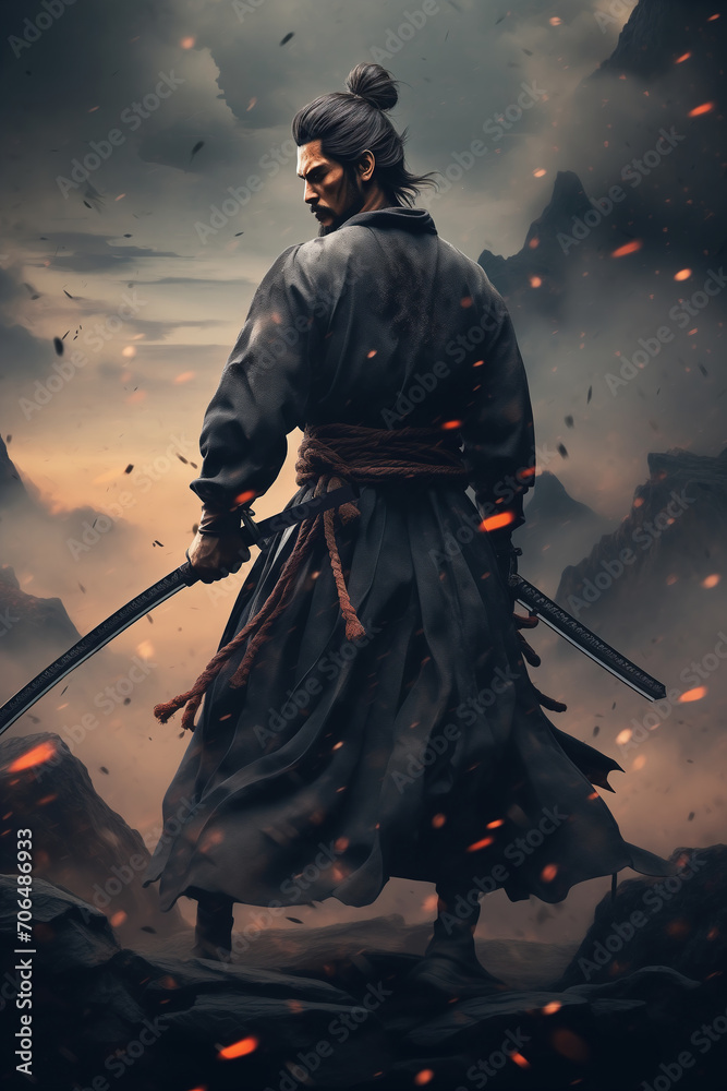 Fototapeta premium Japanese ferocious samurai warrior with katana on dramatic neutral background