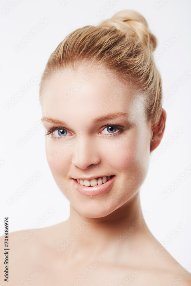 Portrait of happy model, face or skincare for wellness with cosmetics, aesthetic or healthy glow. Dermatology, studio or confident woman with pride, smile or smooth beauty results on white background Portrait of happy model, face or skincare for wellness with cosmetics, aesthetic or healthy glow. Dermatology, studio or confident woman with pride, smile or smooth beauty results on white background