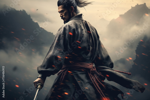 Japanese ferocious samurai warrior with katana on dramatic neutral background photo
