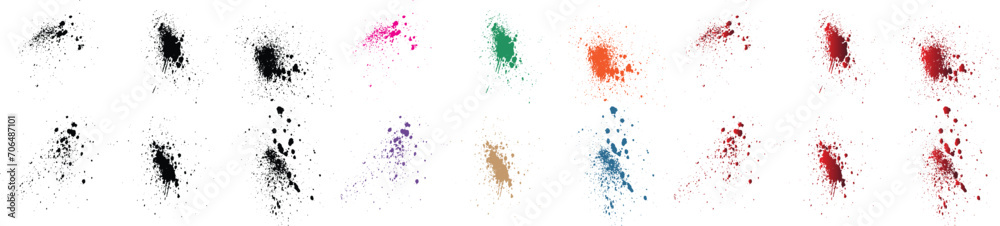 Paint realistic black, red, orange, purple, wheat, green color blood splatter brush stroke vector set