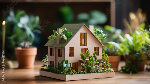miniature toy house in grass close up, spring natural background. symbol of family. mortgage, construction, rental, property concept. photo