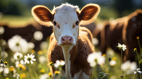 Cows in field, one cow looking at the camera during sunset in the evening