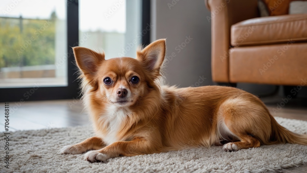 Red chihuahua dog laying on the floor indoor Red chihuahua dog laying on the floor indoor