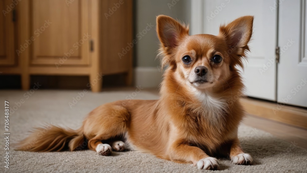 Red chihuahua dog laying on the floor indoor Red chihuahua dog laying on the floor indoor
