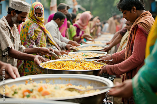 Volunteers distribute food to poor people in the open air photo