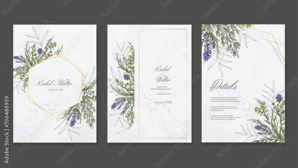 Wedding Invitation with Spring Wildflowers on a Marble Background. Rustic style. Vector Templates