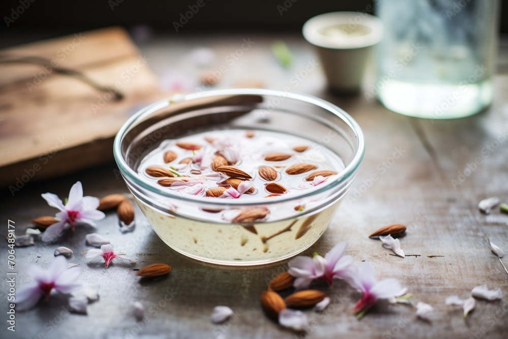 raw almonds soaking in water in bowl raw almonds soaking in water in bowl