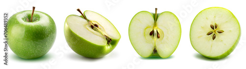 Set of green apple whole and in section isolated on white background