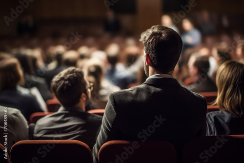 Professional presentation View from behind as a speaker addresses an audience in an auditorium, with a blurred background, conveying a corporate or educational atmosphere. ai generative