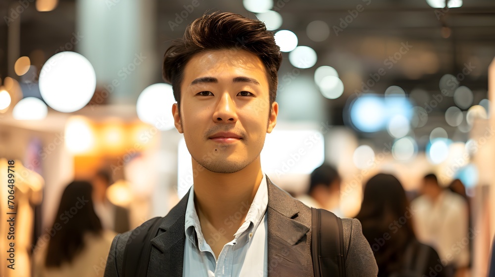 Fototapeta premium A well-dressed man in a business suit stands confidently at a trade show with a friendly demeanor.