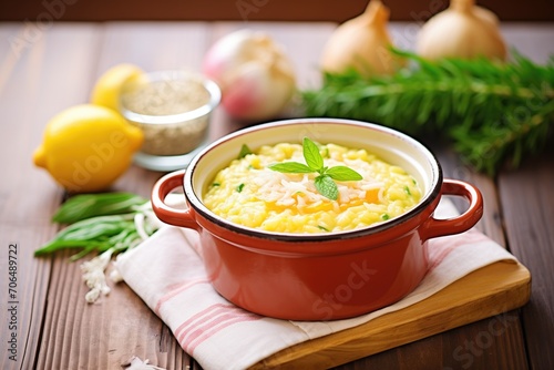 fresh risotto milanese in a clay pot on rustic wooden background