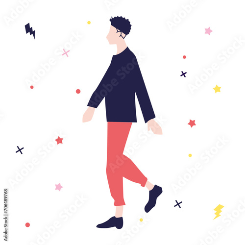 Illustration vectorielle d'un jeune homme qui marche. Dessin moderne de garçon. Silhouettes vectorielles, vecteur. Dessiné à la main. Homme, adolescent, ado, marcher, se promener, silhouette
