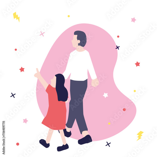Illustration vectorielle d'une famille qui se promène main dans la main, père et fille. Dessin moderne de promenade. Silhouettes vectorielles, vecteur. Dessiné à la main. Familles, parent, enfant
