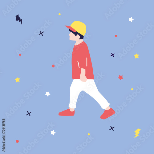 Illustration vectorielle d'un garçon qui marche. Dessin moderne de promenade. Silhouettes vectorielles, vecteur. Dessiné à la main. Enfant, jeune garçon avec une casquette. Promenade