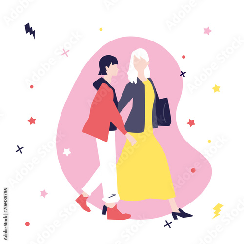 Illustration vectorielle de deux amies qui discutent. Dessin moderne de silhouettes vectorielles, vecteur de femmes qui font du shopping. Dessiné à la main. 2 couleur, bichromie.  Promenade, fille