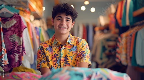 A confident young boy in a floral shirt stands in a clothing store, surrounded by vividly patterned garments.