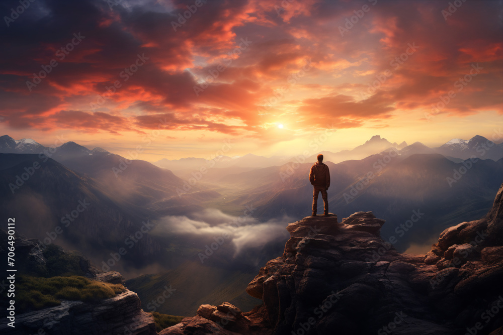 A lone trekker perched at a precipitous bluff, watching a magnificent sundown over the immense wilds.