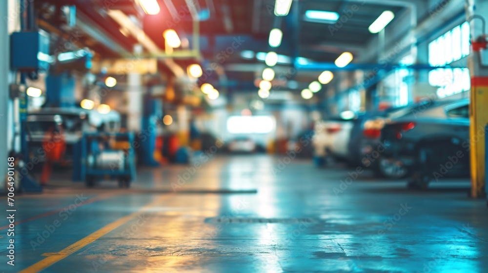 Blurred vehicle garage interior with soft focus, mechanic center for auto maintenance and repair, and hazy car service backdrop. Blurred vehicle garage interior with soft focus, mechanic center for auto maintenance and repair, and hazy car service backdrop.