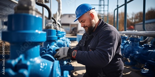 An employee at a water facility checks valves for clean water distribution in a substation at a major industrial site. Water pipes. Industrial plumbing. photo