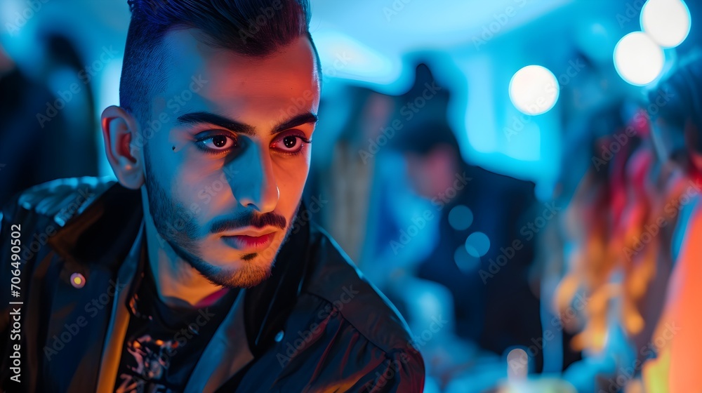An intense young man with a piercing gaze in a neon-lit environment, exuding a cool urban vibe. An intense young man with a piercing gaze in a neon-lit environment, exuding a cool urban vibe.