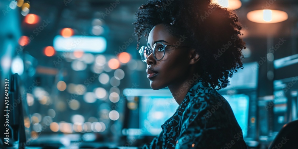 African-American woman in corporate setting with network and ICT concept, utilizing cloud computing and system engineering. African-American woman in corporate setting with network and ICT concept, utilizing cloud computing and system engineering.