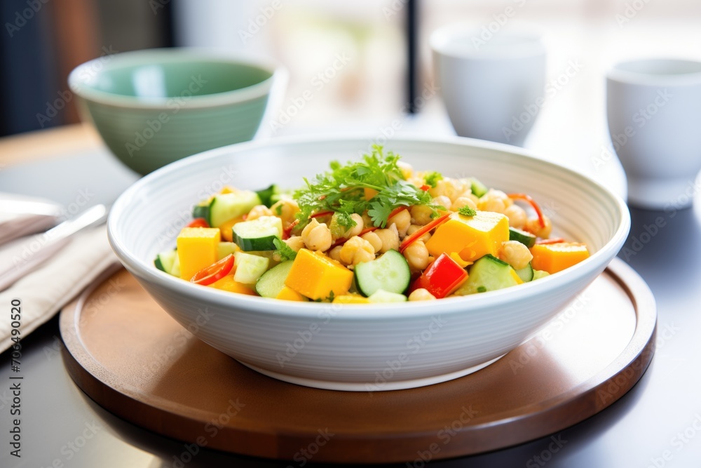 bowl of butternut squash salad, chickpeas, red peppers, cucumbers