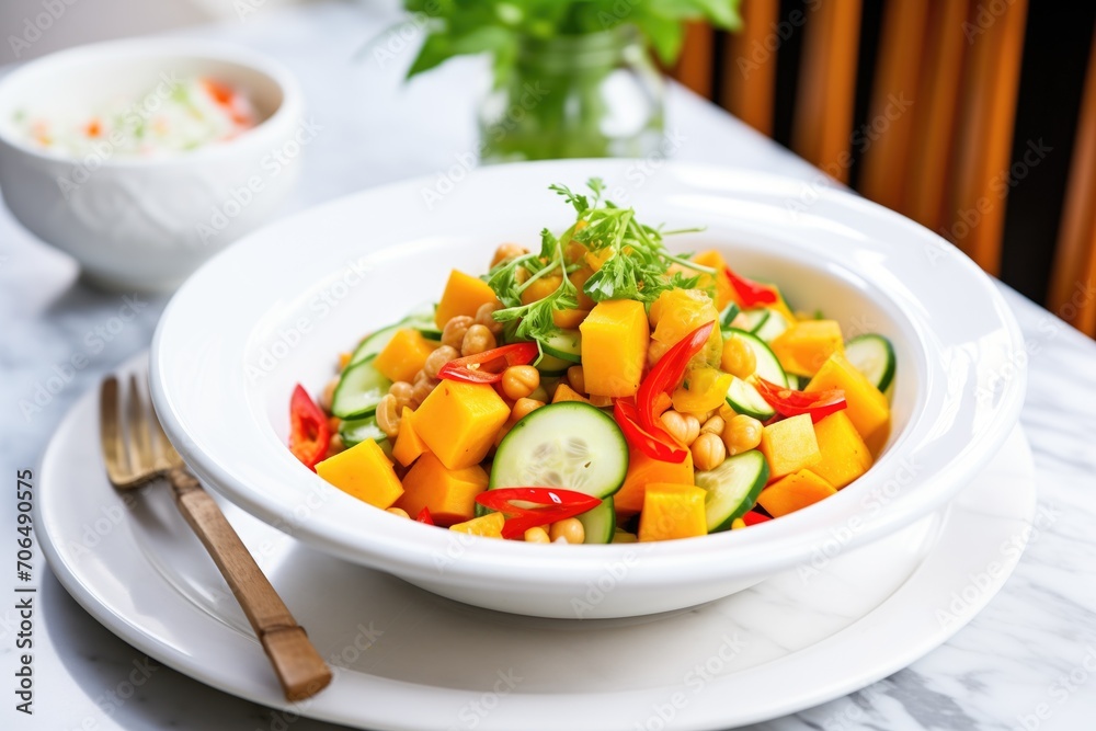 bowl of butternut squash salad, chickpeas, red peppers, cucumbers