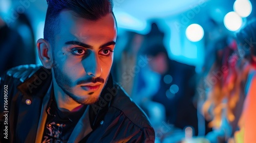 An intense young man with a piercing gaze in a neon-lit environment, exuding a cool urban vibe.