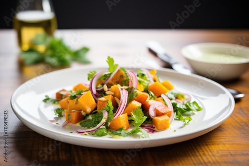 butternut salad with red onion  cilantro  lime dressing on plate