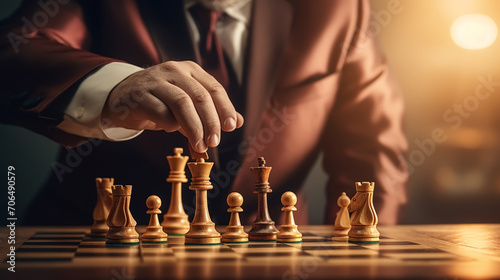 Foto hand of businessman moving chess figure in competition success play
