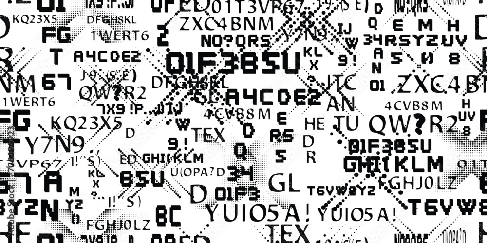 Glitch distorted abstract words . Seamless pattern texture. Pixel fonts .Screen print endless pattern texture