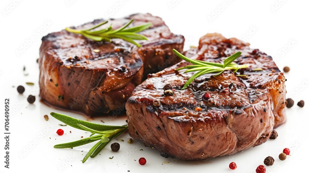 grilled beef steaks with spices isolated on white background grilled beef steaks with spices isolated on white background