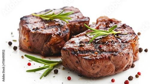 grilled beef steaks with spices isolated on white background 