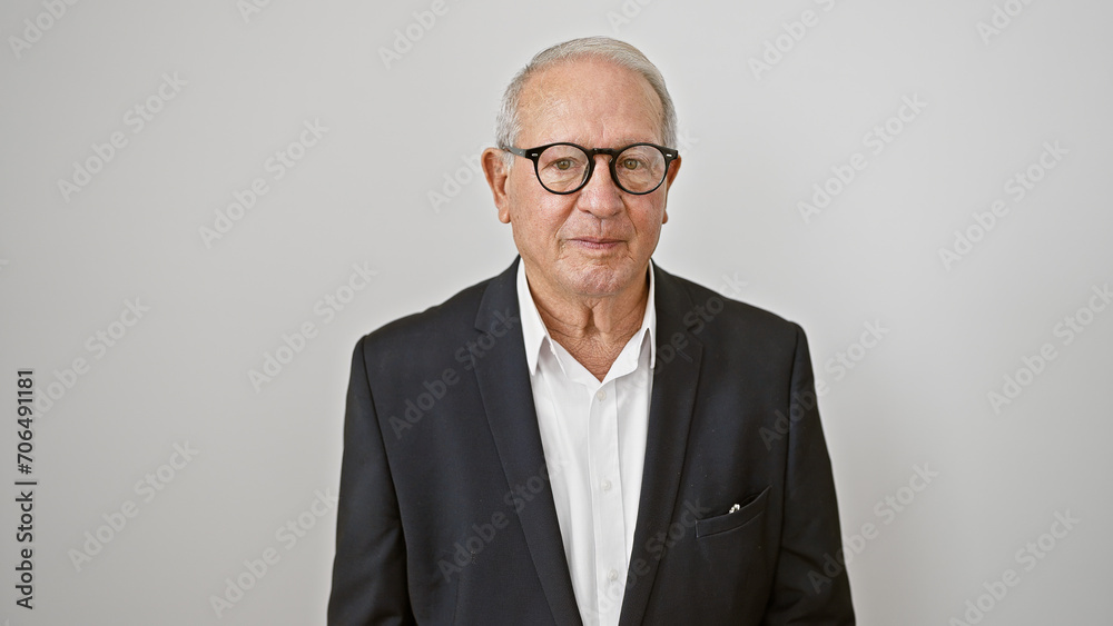 Serious, concentrated senior man, a white-haired business worker exuding confidence and success, isolated on a white background Serious, concentrated senior man, a white-haired business worker exuding confidence and success, isolated on a white background