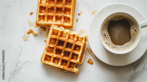 design for cafe ad, coffee and belgian waffle waffles. restaurant or cafe menu. minimalistic. Pastry. white background. horizontal. fresh morning. copy space. 